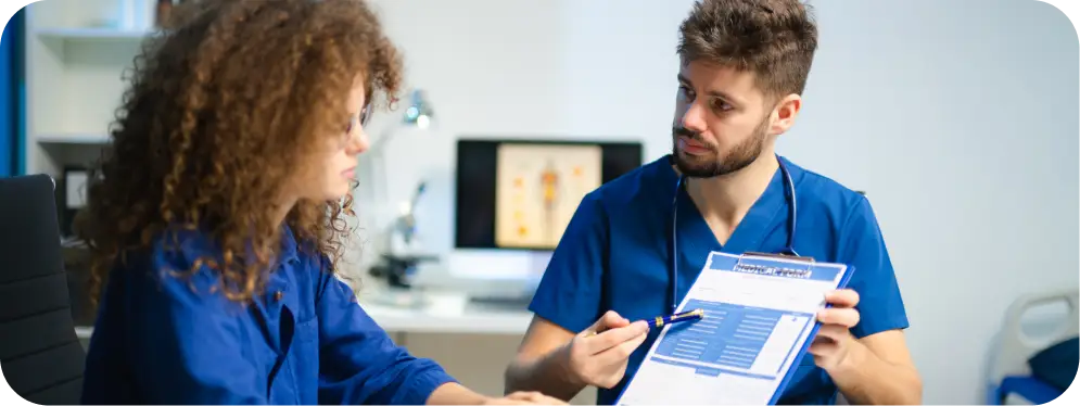 Orthopedic specialist reviewing meniscus repair options with patient, discussing techniques like circumferential stitch, all-inside anchors, and inside-out sutures
