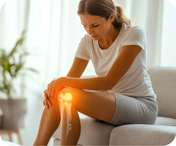 Woman with knee chondromalacia holding her painful knee, showing cartilage irritation and discomfort commonly seen in patellofemoral cartilage damage.